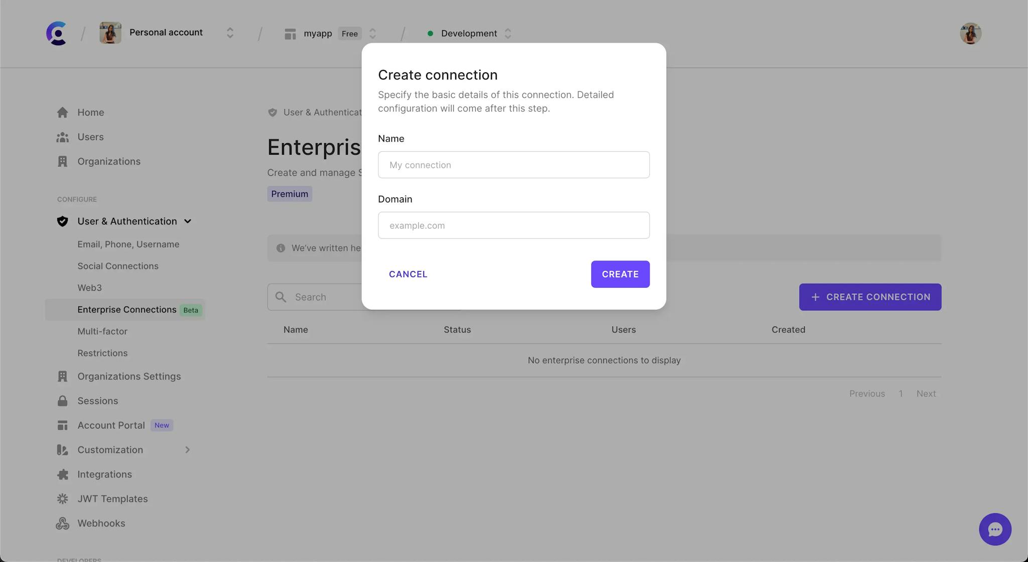 The Enterprise Connections section in the Clerk Dashboard. The 'Create connection' modal is open.