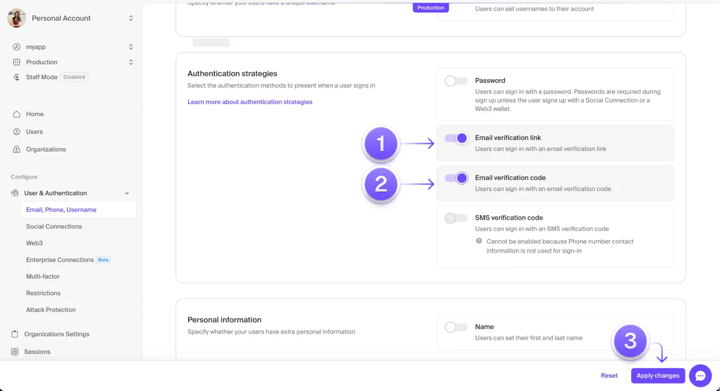 The 'Authentication strategies' section under 'Email, Phone, Username' tab with a purple arrow marked '1' pointing to the 'Email verification link' toggle and a purple arrow marked '2' pointing to the 'Email verification code' toggle. Both are toggled on. There is a purple arrow marked '3' pointing to the 'Apply changes' button.