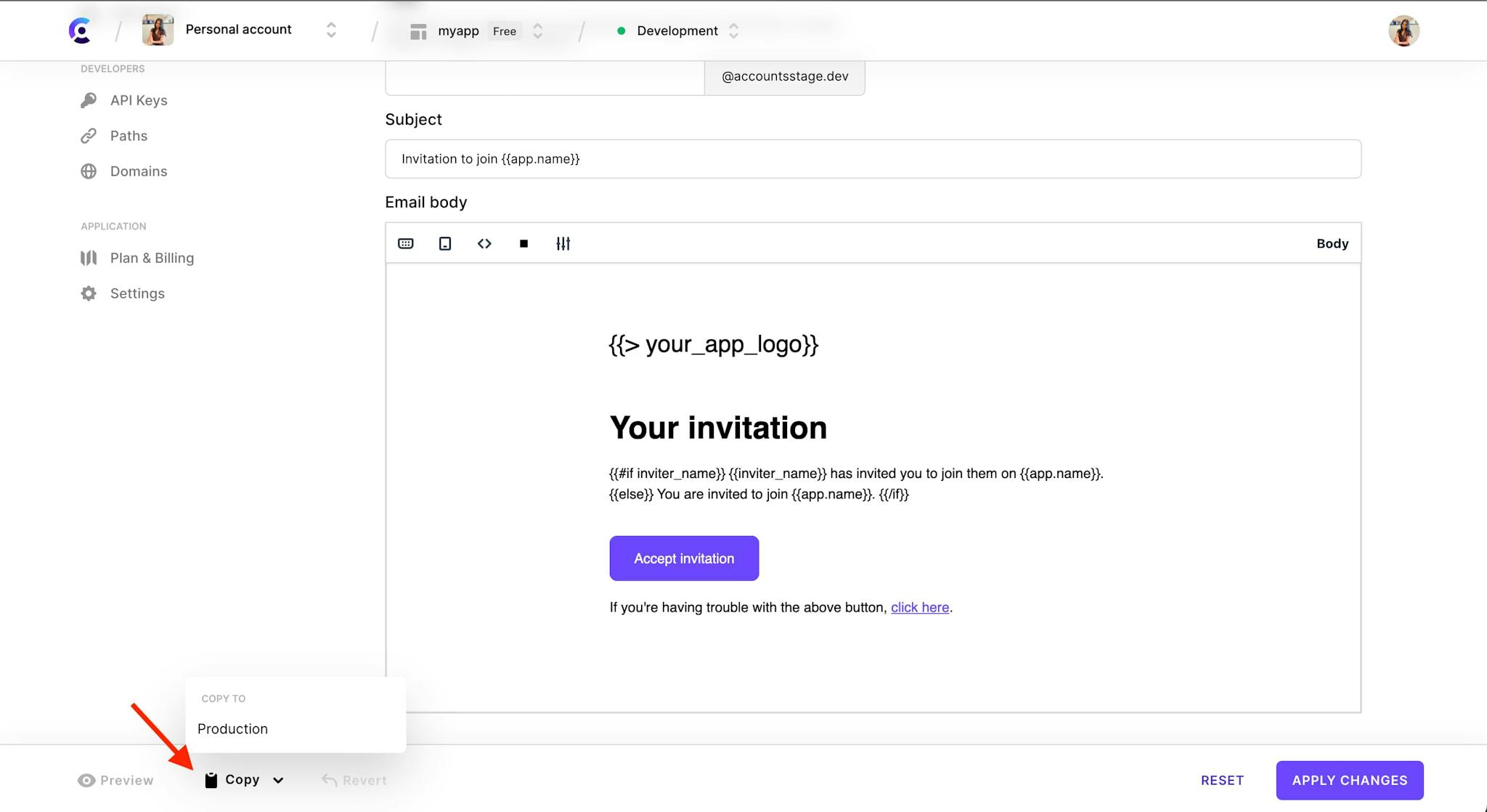 The 'Invitation' email template customization page. A red arrow points to the 'Copy' button.