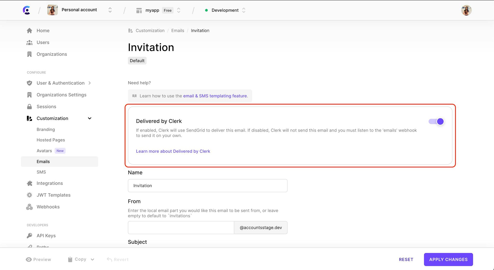 The 'Invitation' email template customization page. There is a red box around the 'Delivered by Clerk' section.