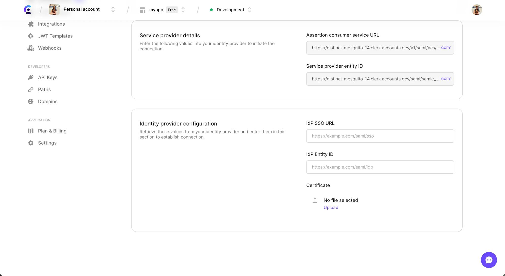 The configuration settings for the Enterprise connection that was created. The page is scrolled down to show the 'Identity provider configuration' section.