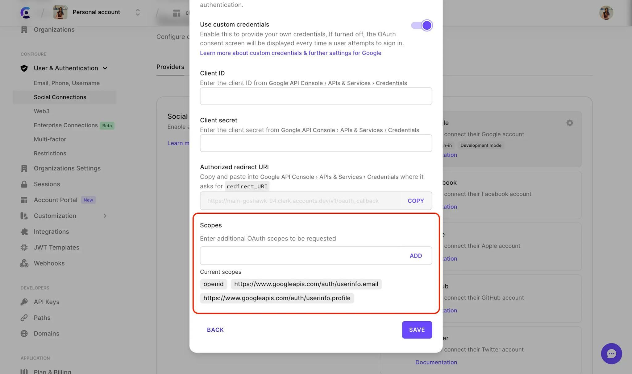 The 'Scopes' section of a social connections' settings modal.