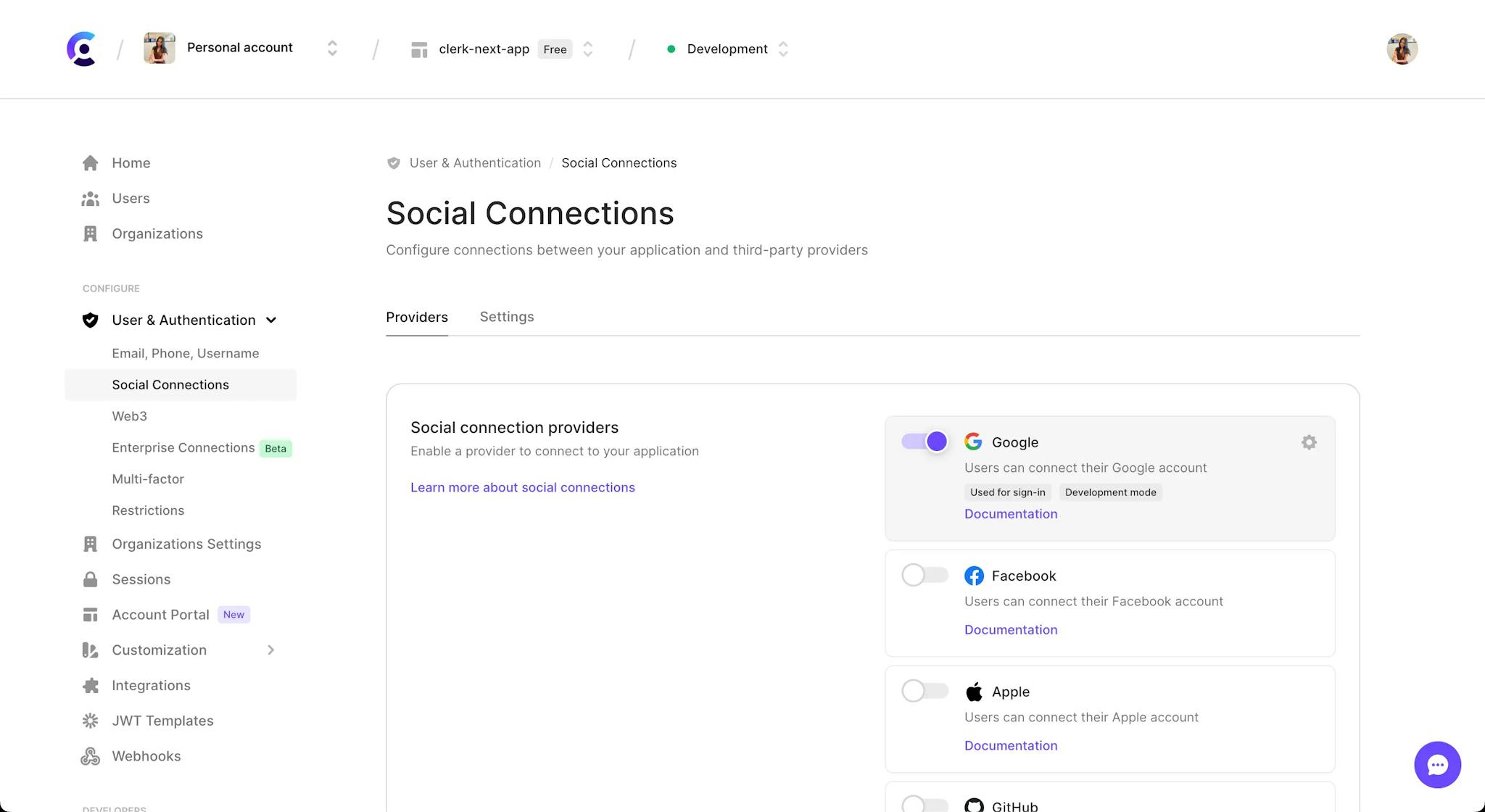 The Social Connections page in the Clerk Dashboard, which includes a list of social connection providers and a toggle to enable them.