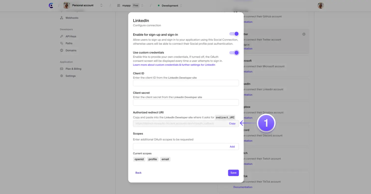 The LinkedIn settings modal in the Clerk Dashboard. An arrow is pointing to the 'Redirect URI' copy button.