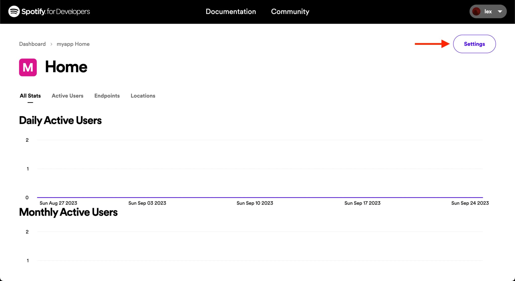 The Spotify Developer Dashboard for a specific application. A red arrow points to the 'Settings' button.