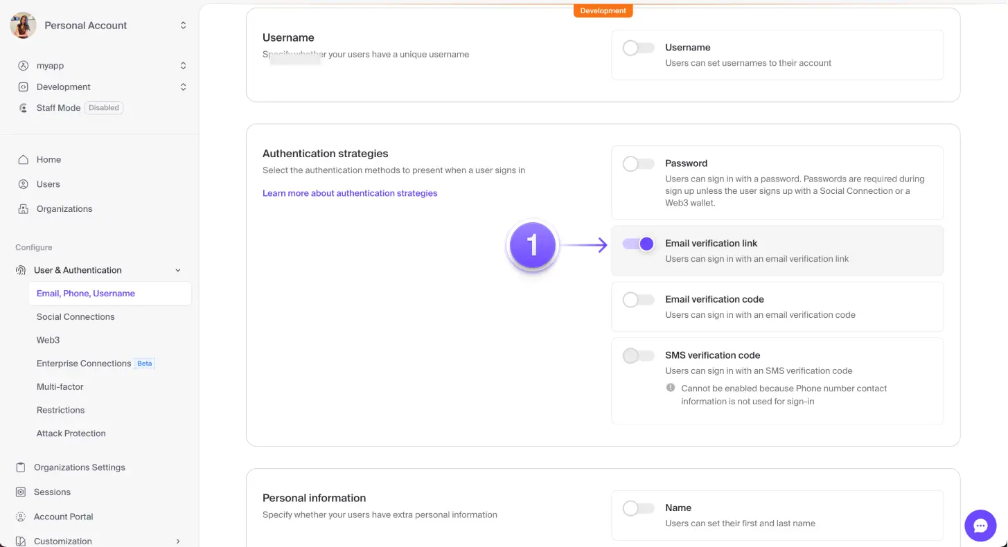 The 'Authentication strategies' section of the 'Email, Phone, and Username' page in the Clerk dashboard. There is a purple arrow marked '1' pointing to the 'Email verification link' toggle, which is toggled on.