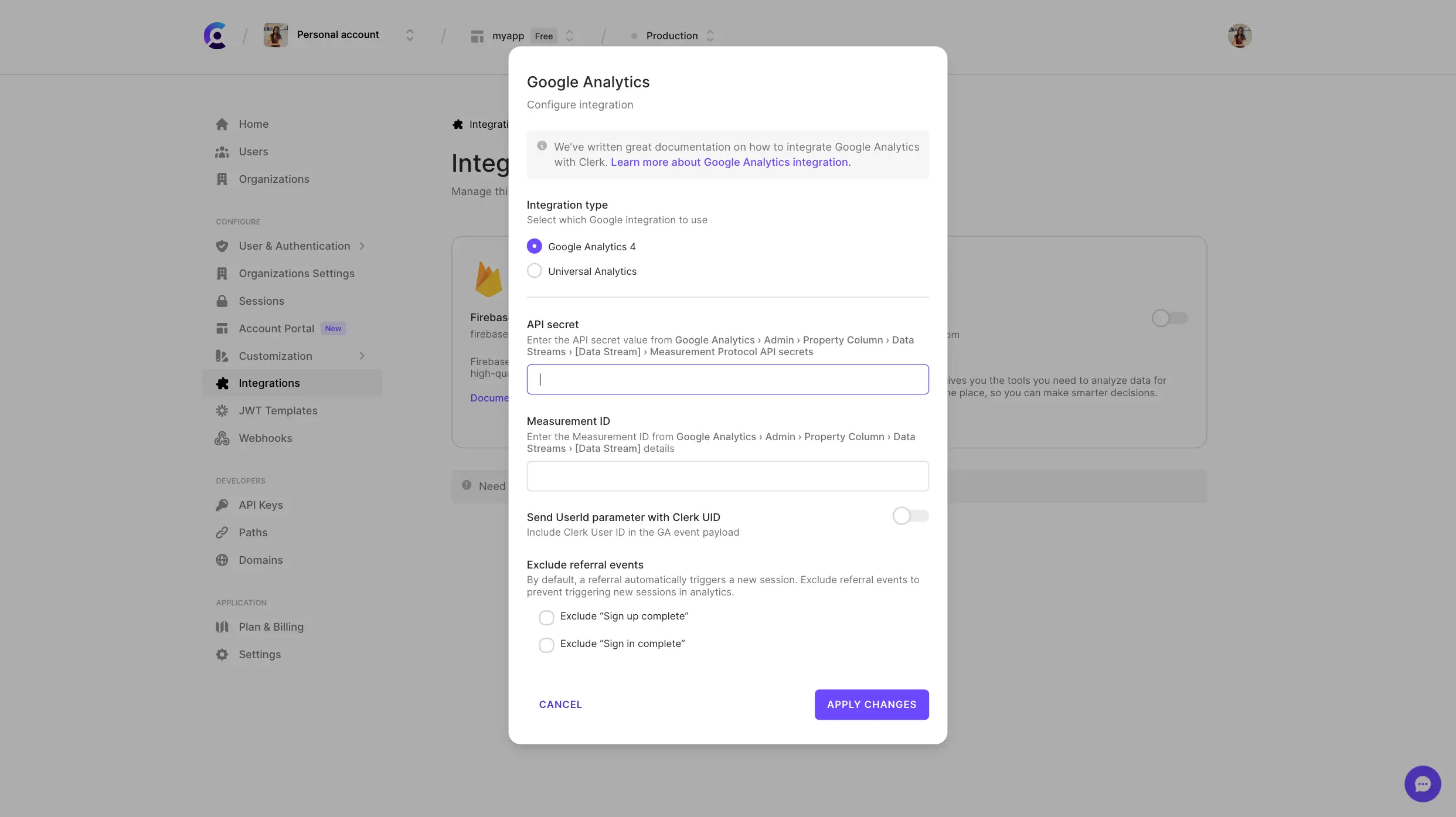 The Google Analytics configuration form in the Clerk Dashboard.