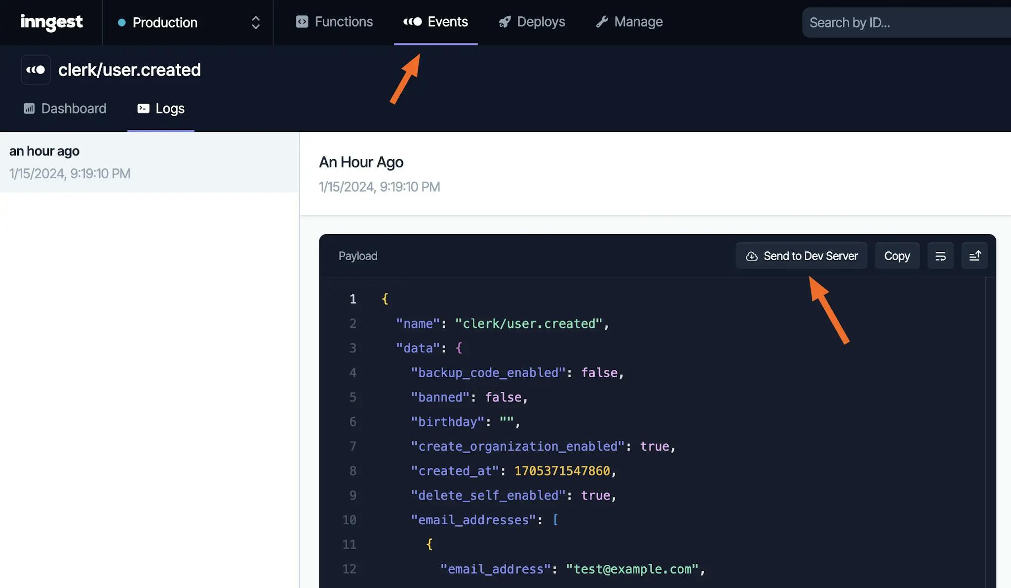 The Inngest Dashboard showing an individual event payload. Red arrows point to the Events tab and the Send to Dev Server button.
